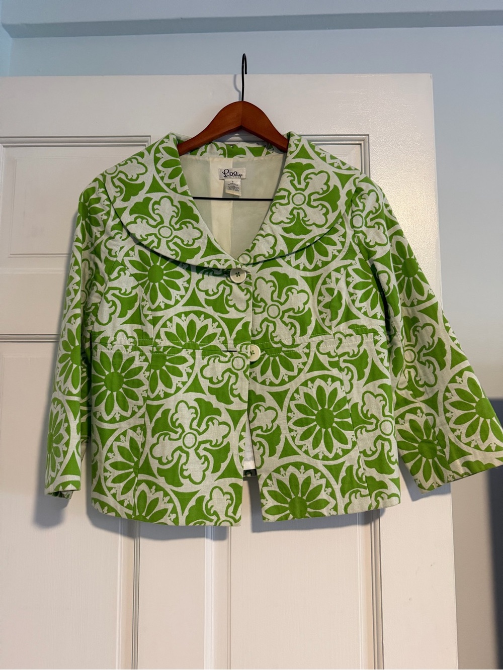 Vintage Lilly Pulitzer Green and White Floral Tile Crop Jacket
